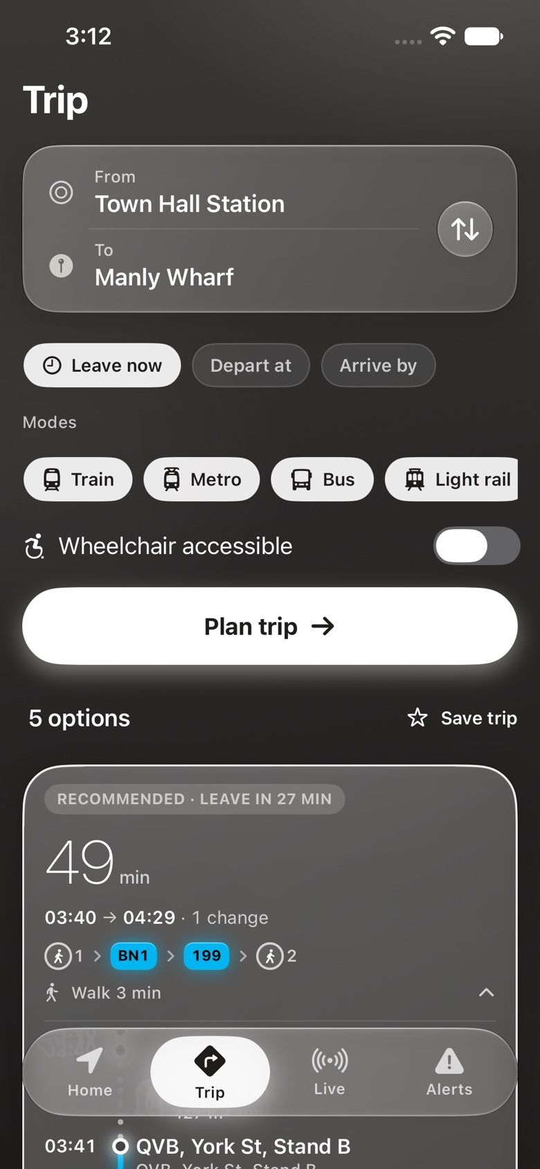 The Trip screen from Town Hall Station to Manly Wharf, with mode filters, a wheelchair-accessible switch and a recommended 49 minute option.